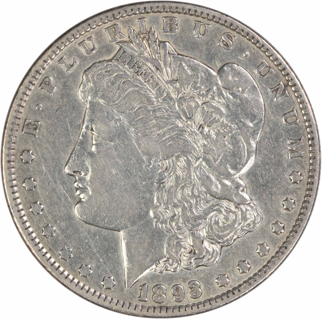 1893 Philadelphia Morgan Dollar Extra Fine 90 Percent Silver Uncertified: 1893 Philadelphia Morgan Dollar Extra Fine 90 Percent Silver Uncertified This is an 1893 Morgan Silver Dollar from the Philadelphia Mint, featuring a composition of 90% silver and 10% copper. Designed