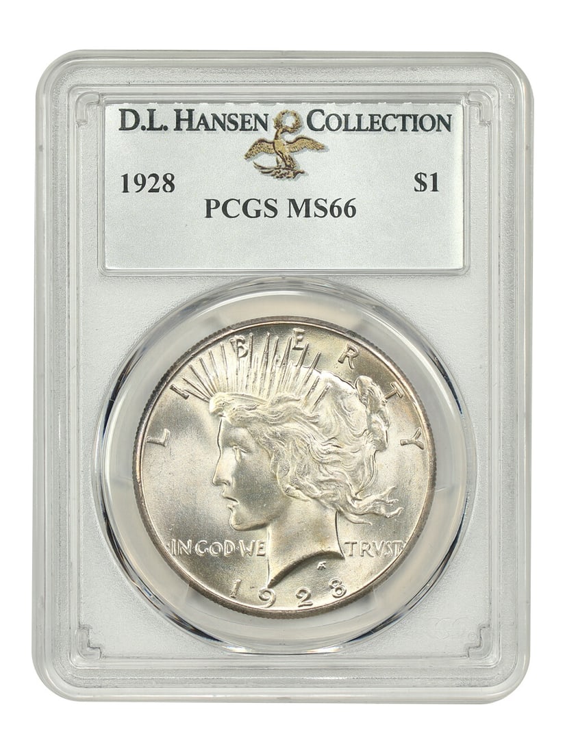 1928 Peace Dollar $1 PCGS MS66 D.L. Hansen Rare Coin: 1928 Peace Dollar $1 PCGS MS66 D.L. Hansen Rare Coin Presenting a stunning 1928 Peace Dollar, certified by PCGS with a grade of MS66. This uncirculated coin, originating from the Philadelphia mint, is