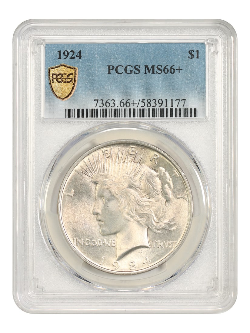 1924 Peace Dollar $1 PCGS MS66+ Uncirculated Philadelphia Issue: 1924 Peace Dollar $1 PCGS MS66+ Uncirculated Philadelphia Issue 1924 $1 Peace Dollar certified by PCGS with a MS66+ grade. Struck in Philadelphia, this uncirculated coin is identified as a popular col