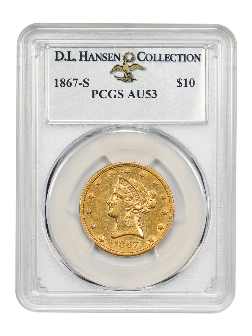 1867-S $10 Liberty Head Gold Coin PCGS AU53 Rare Mint State: 1867-S $10 Liberty Head Gold Coin PCGS AU53 Rare Mint State This 1867-S $10 Liberty Head gold coin is certified by PCGS with a grade of AU53, making it a highly attractive piece for collectors. With a