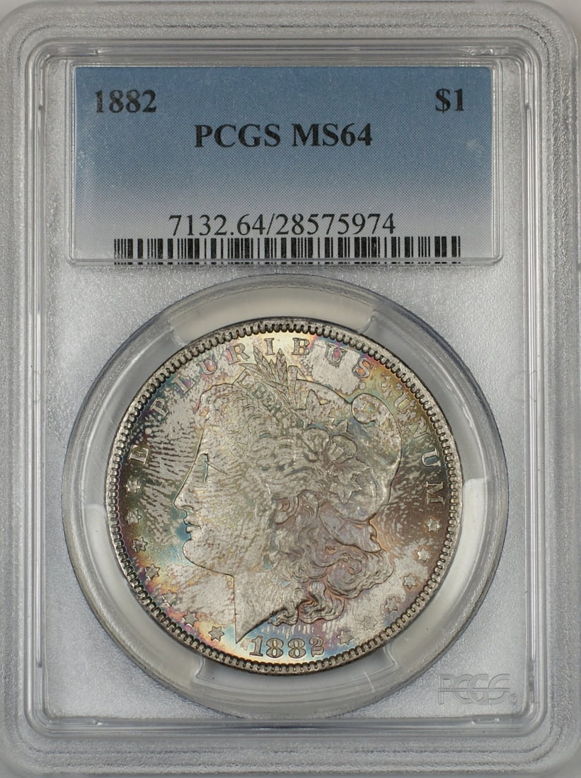 PCGS MS 64 1882 Silver Morgan Dollar Philadelphia Nicely Toned Uncirculated: PCGS MS 64 1882 Silver Morgan Dollar Philadelphia Nicely Toned Uncirculated This 1882 Morgan Silver Dollar is graded MS-64 by PCGS and features attractive toning. The coin is uncirculated, minted in P