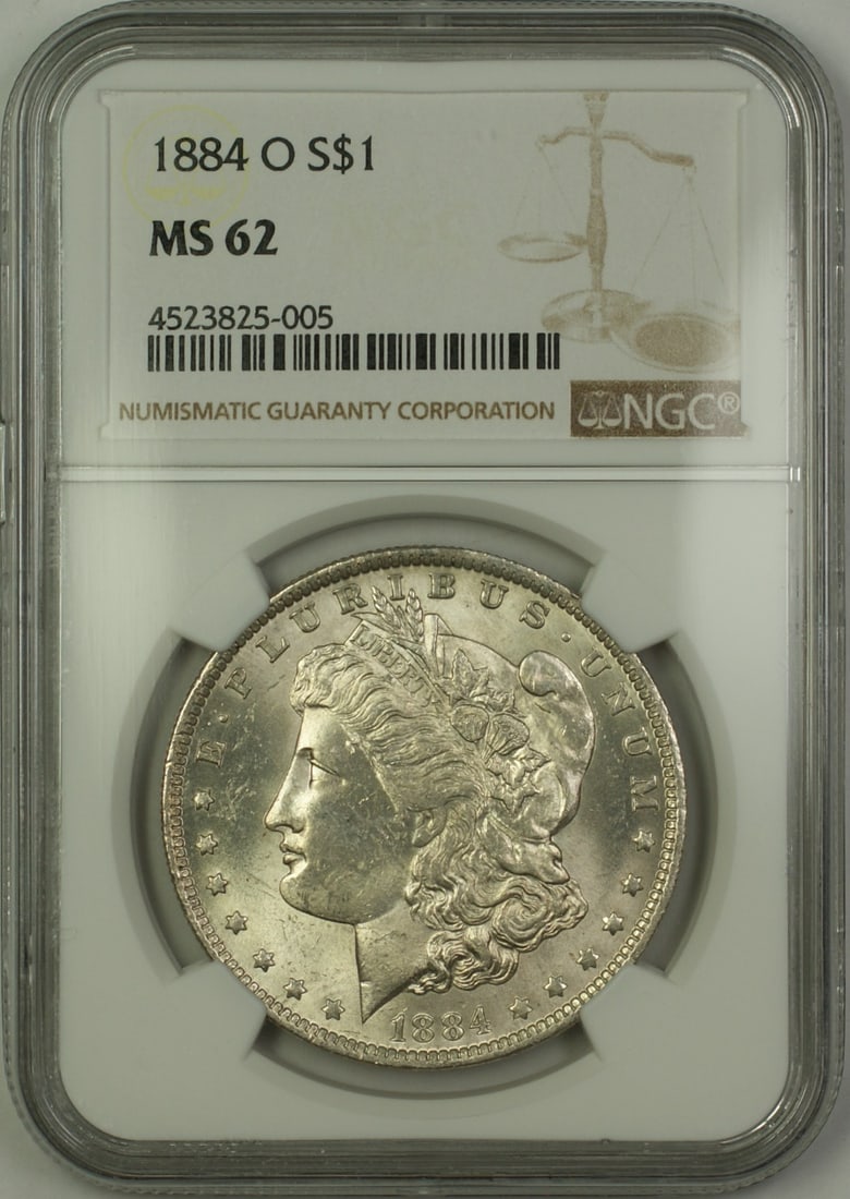 NGC MS-62 1884-O Morgan Dollar Silver Coin: NGC MS-62 1884-O Morgan Dollar Silver Coin This is an 1884-O Morgan Silver Dollar graded MS-62 by NGC. Struck at the New Orleans Mint, this uncirculated $1 coin features the classic Morgan Dollar desi