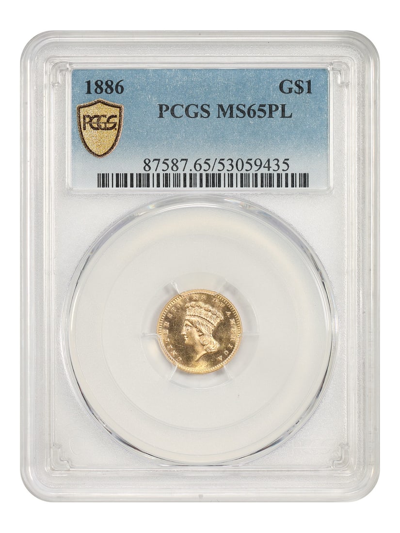1886 PCGS MS65PL G$1 Gold Dollar: 1886 PCGS MS65PL G$1 Gold Dollar 1886 Gold Dollar graded PCGS MS65PL. Struck at the Philadelphia Mint, this uncirculated coin displays clear mirrored reflectivity, attractive contrast, sharply defined