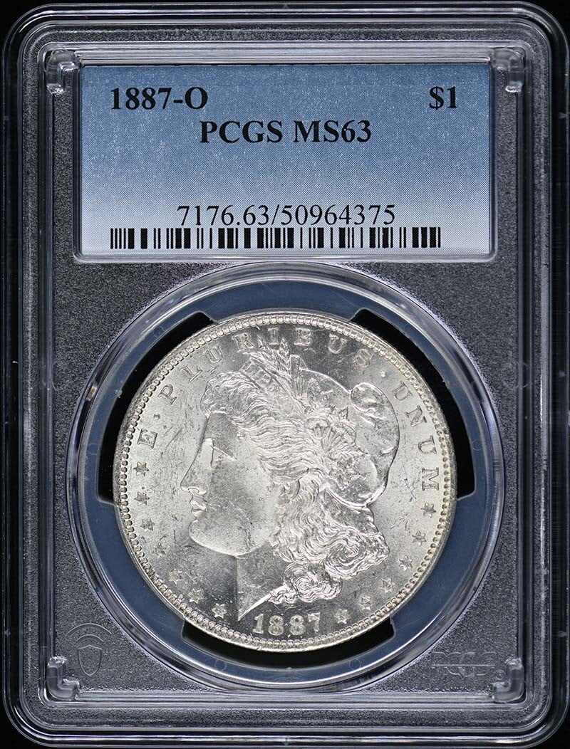 1887-O Morgan Dollar PCGS MS63 Uncirculated New Orleans Coin: 1887-O Morgan Dollar PCGS MS63 Uncirculated New Orleans Coin This 1887-O Morgan Dollar is certified by PCGS with a grade of MS63, indicating its uncirculated condition. Minted in New Orleans, this cla