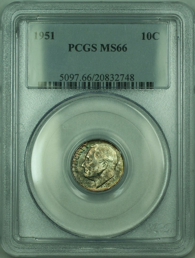 PCGS MS-66 1951 Roosevelt 10C Silver Dime With Colorful Toning: PCGS MS-66 1951 Roosevelt 10C Silver Dime With Colorful Toning This is a 1951 Roosevelt Silver Dime with a denomination of 10 cents, minted in Philadelphia. The coin is composed of 90% silver and has 
