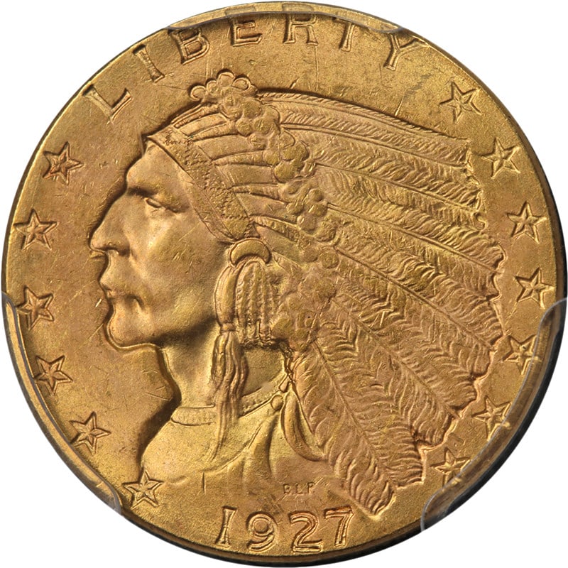 PCGS MS65+ CAC 1927 Indian Head $2.50 Gold Coin: PCGS MS65+ CAC 1927 Indian Head $2.50 Gold Coin This 1927 Indian Gold $2.50 coin is certified by PCGS and graded MS65+ with a CAC sticker. It is described as an uncirculated, pre-owned piece with supe