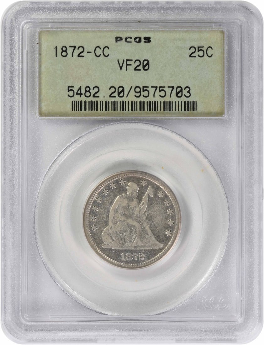 PCGS VF20 1872-CC Seated Liberty 25C Silver Quarter: PCGS VF20 1872-CC Seated Liberty 25C Silver Quarter 1872-CC Liberty Seated Silver Quarter graded VF20 by PCGS. This circulated United States coin features the Seated Liberty design, a silver compositi