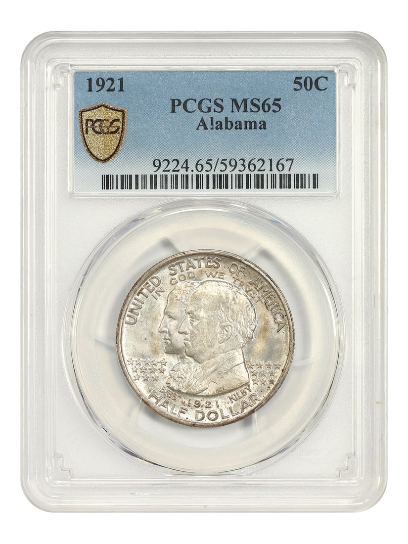 PCGS MS65 1921 Alabama 50C Silver Commemorative Coin: PCGS MS65 1921 Alabama 50C Silver Commemorative Coin 1921 50C Alabama Classic Silver Commemorative coin certified by PCGS as MS65. This uncirculated Philadelphia issue commemorates the 100th anniversa