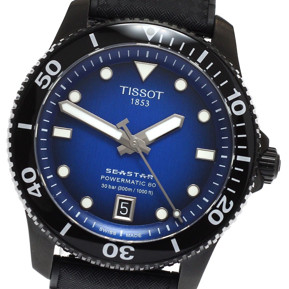 Tissot Seastar 1000 Powermatic 80 blue dial automatic watch: Tissot Seastar 1000 Powermatic 80 blue dial automatic watch This TISSOT Seastar 1000 Powermatic 80 Date men's wristwatch features a stainless steel case paired with a blue dial and a rubber band. The 