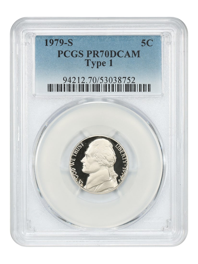 Jefferson Nickel 1979-S 5C Type 1 PCGS PR70DCAM: Jefferson Nickel 1979-S 5C Type 1 PCGS PR70DCAM This 1979-S Jefferson Nickel is an uncirculated 5C coin certified by PCGS as PR70DCAM (Type 1). It is pre-owned and includes certification number 530387