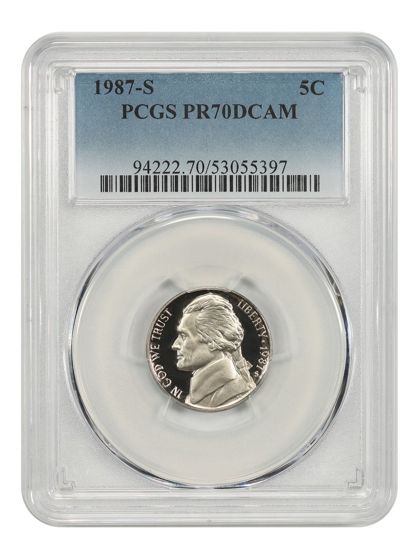 Jefferson Nickel 1987-S 5C PCGS PR70DCAM: Jefferson Nickel 1987-S 5C PCGS PR70DCAM 1987-S Jefferson Nickel graded PR70DCAM by PCGS. The coin is uncirculated and certified with certification number 53055397. Condition: pre-owned. Specification