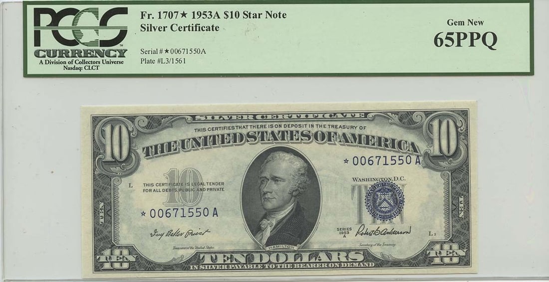 1953A $10 Silver Certificate Star PCGS 65 Gem 1707*: 1953A $10 Silver Certificate Star PCGS 65 Gem 1707* This 1953A $10 Silver Certificate Star, designated as FR#1707, is graded by PCGS as MS65, indicating its gem quality. This uncirculated note showcas