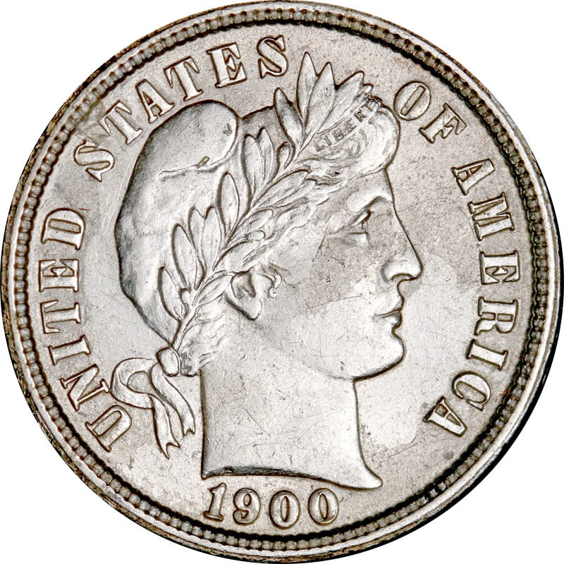 1900 Philadelphia Silver Barber Dime United States Coin: 1900 Philadelphia Silver Barber Dime United States Coin This is a 1900-P Barber Dime from the United States, composed of silver with a fineness of 0.9. The coin is circulated and dates to the year 190