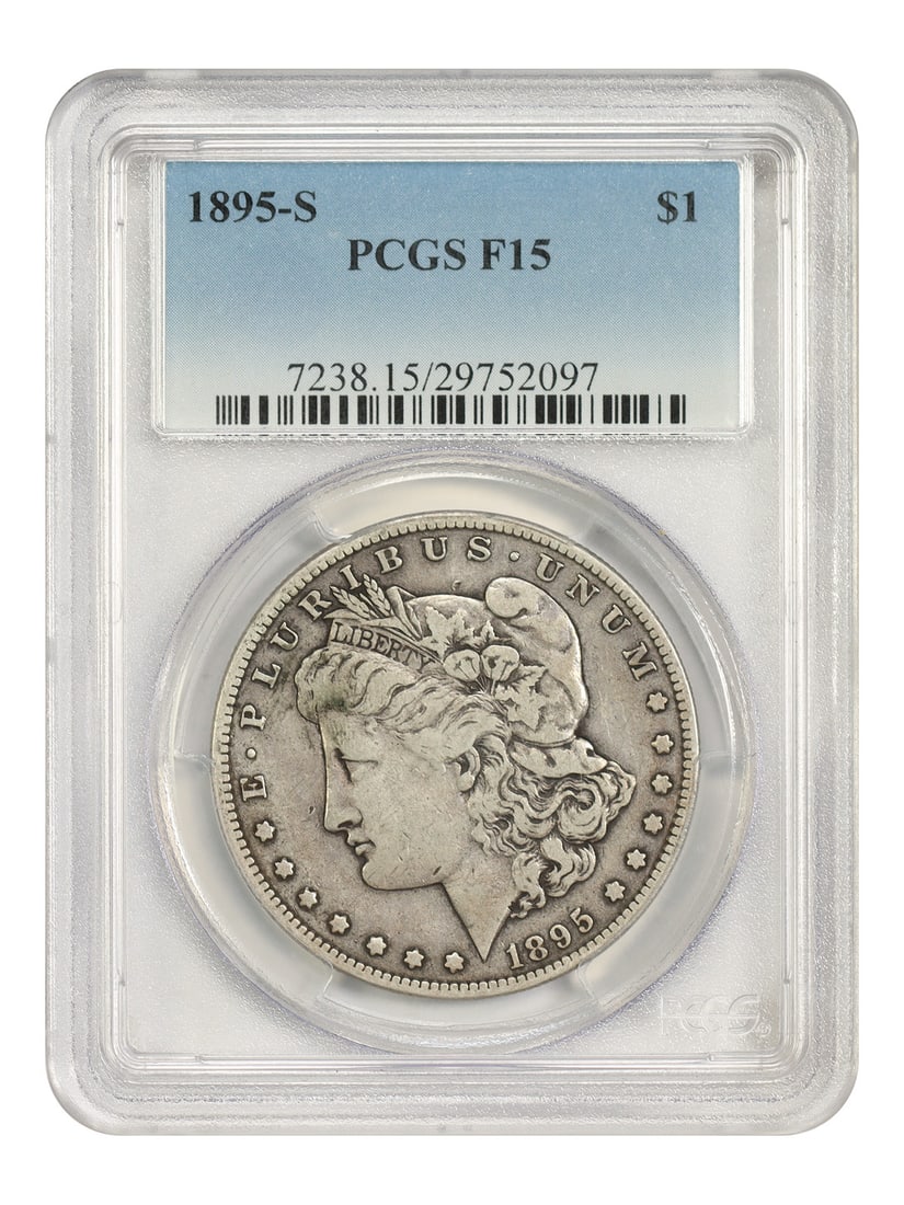 PCGS Fine 15 1895-S Morgan Dollar $1 San Francisco Mint: PCGS Fine 15 1895-S Morgan Dollar $1 San Francisco Mint 1895-S Morgan Dollar $1 certified by PCGS and graded Fine 15. This circulated pre-owned coin is a key date from the San Francisco Mint, identifi