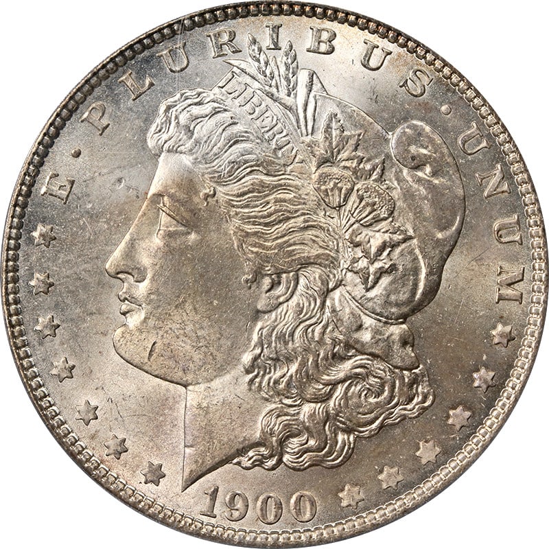 PCGS MS64 1900-P Morgan Silver Dollar Toning: PCGS MS64 1900-P Morgan Silver Dollar Toning This 1900-P Morgan Silver Dollar is graded MS64 by PCGS and features attractive toning. It is composed of silver with a fineness of 0.9 and was minted in t