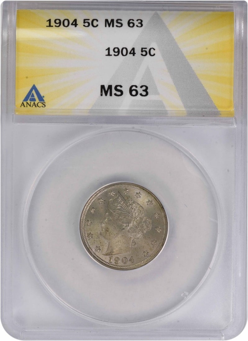 1904 Liberty Nickel MS63 ANACS Uncirculated 5C Coin: 1904 Liberty Nickel MS63 ANACS Uncirculated 5C Coin This 1904 Liberty Nickel is an impressive example of American numismatic history, graded MS63 by ANACS. Struck at the Philadelphia mint, this uncirc