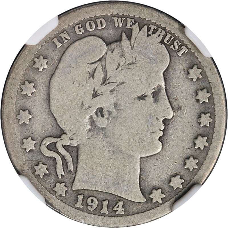 NGC G6 1914 S Barber Quarter Silver US Coin: NGC G6 1914 S Barber Quarter Silver US Coin This is a circulated 1914-S Barber Quarter graded G6 by NGC. It is composed of silver with 0.9 fineness and was minted in the United States. The coin is des