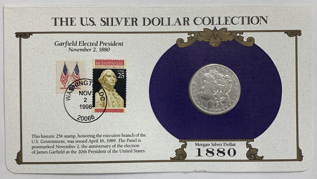 1880 Philadelphia Morgan Dollar Silver Coin with Commemorative Stamp Card: 1880 Philadelphia Morgan Dollar Silver Coin with Commemorative Stamp Card This listing features an 1880 Morgan Silver Dollar $1 coin from the United States, accompanied by a commemorative stamp card. 