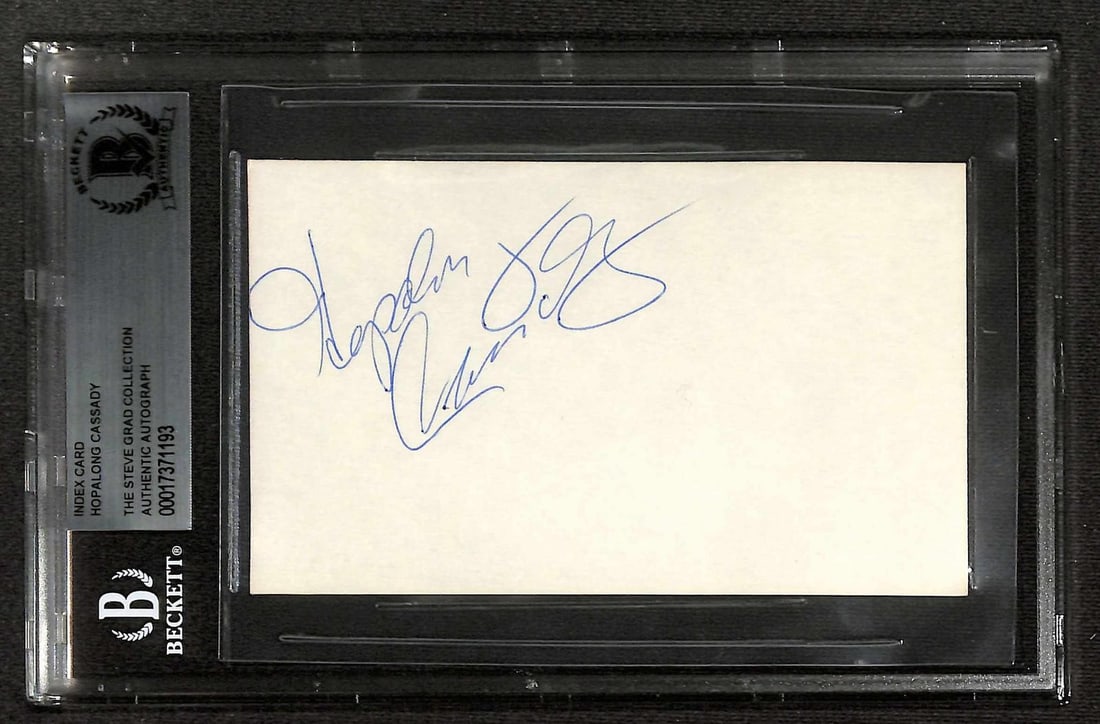Beckett slabbed Hopalong Cassady signed index card: Beckett slabbed Hopalong Cassady signed index card This is a signed index card featuring the authentic autograph of Hopalong Cassady, the 1955 Heisman Trophy-winning running back for the Ohio State Bu