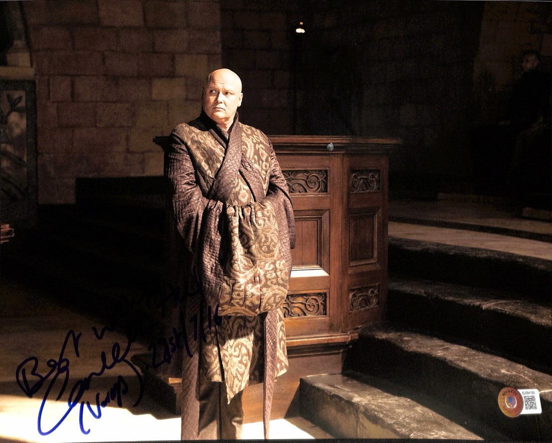 Game of Thrones Varys 11x14 Photo Autographed by Conleth Hill Beckett Certified: Game of Thrones Varys 11x14 Photo Autographed by Conleth Hill Beckett Certified This is an autographed 11x14 photograph signed by Conleth Hill, known for his role as "Lord Varys" in the TV series Game