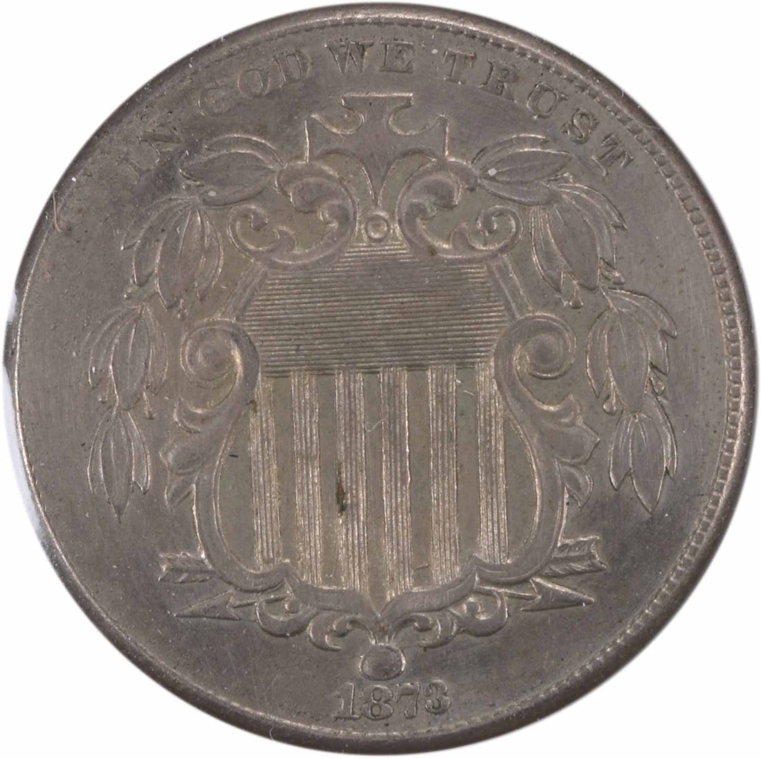 1873 Shield Nickel Closed 3 Choice AU Uncertified Philadelphia Mint: 1873 Shield Nickel Closed 3 Choice AU Uncertified Philadelphia Mint This 1873 Shield Nickel features a closed 3 design and is classified as a Choice AU coin. Minted in Philadelphia, it showcases the a