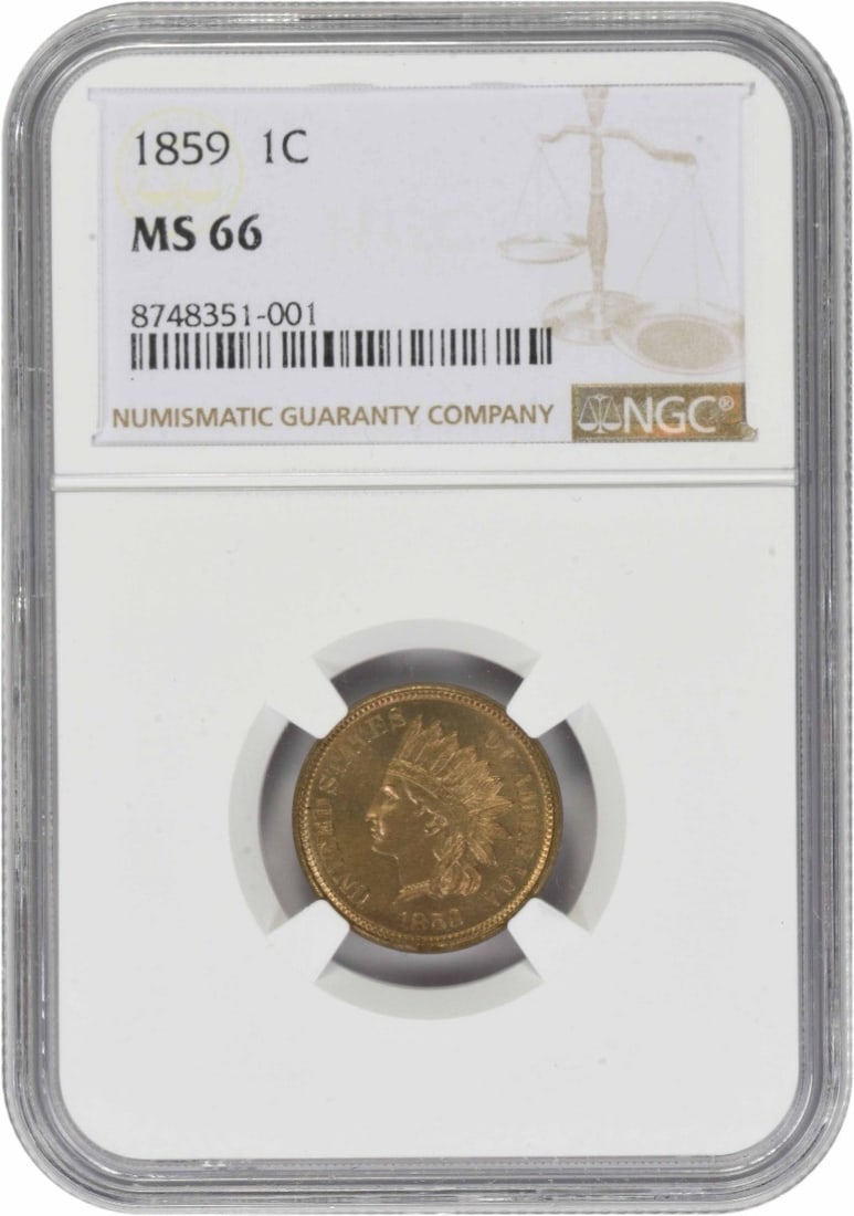 NGC MS66 1859 United States Indian Head Small Cent Copper: NGC MS66 1859 United States Indian Head Small Cent Copper 1859 Indian Head cent certified by NGC and graded MS66. This uncirculated United States coin is composed of copper and carries the Small Cent 