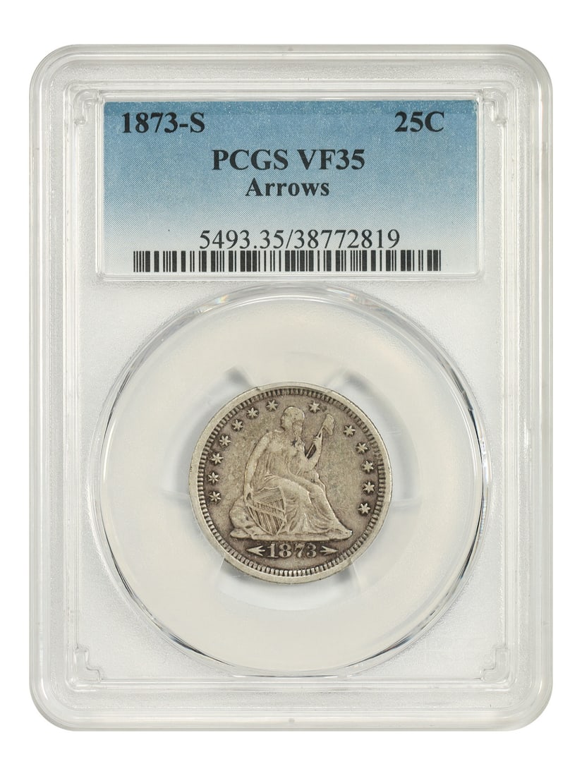 PCGS VF35 1873-S Liberty Seated Quarter 25C Arrows: PCGS VF35 1873-S Liberty Seated Quarter 25C Arrows This 1873-S Liberty Seated Quarter is a 25C coin certified by PCGS and graded VF35. It is the Arrows variety and was struck at the San Francisco Mint