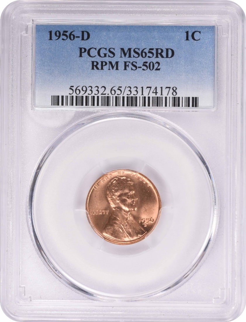 PCGS MS65RD 1956-D Lincoln Wheat Cent RPM FS-502: PCGS MS65RD 1956-D Lincoln Wheat Cent RPM FS-502 This is a 1956-D Lincoln Wheat Cent, featuring a repunched mintmark (RPM) FS-502 variety. Graded MS65 Red (MS65RD) by PCGS, this uncirculated small cen