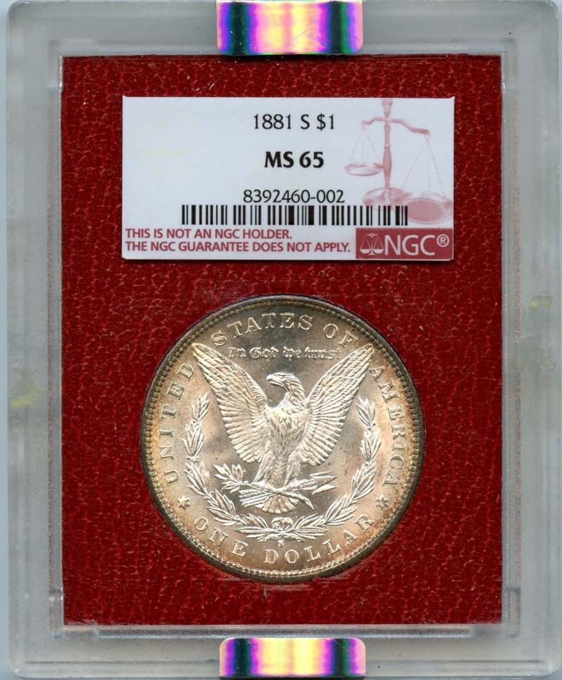 NGC MS65 San Francisco 1881 Silver Morgan Dollar Coin: NGC MS65 San Francisco 1881 Silver Morgan Dollar Coin This is an 1881-S Morgan Dollar graded MS65 by NGC. The coin is uncirculated and was minted at the San Francisco Mint. It is a pre-owned United St