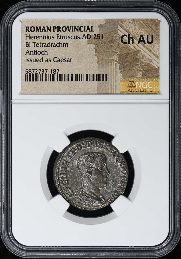 Roman Provincial Tetradrachm of Herennius Etruscus NGC Certified Ch AU (1 of 2)