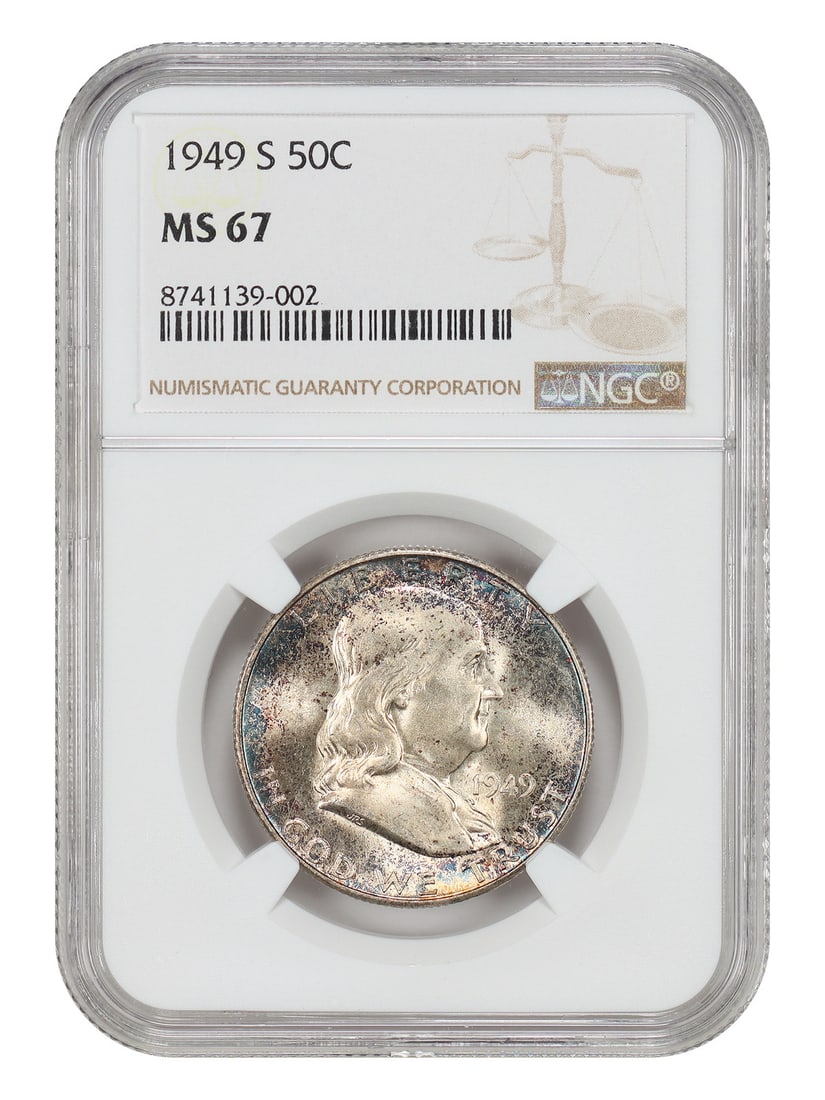 NGC MS67 1949 S Franklin Half Dollar 50C Key Date: NGC MS67 1949 S Franklin Half Dollar 50C Key Date 1949-S Franklin Half Dollar certified by NGC and graded MS67. This uncirculated 50C coin is from the San Francisco mint and is identified as a popular