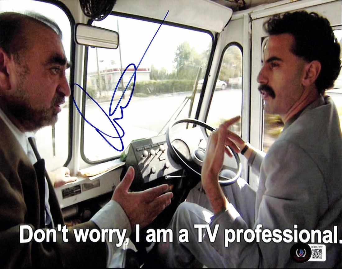 Beckett Certified Ken Davitian 8x10 Borat Signed Photo: Beckett Certified Ken Davitian 8x10 Borat Signed Photo This 8x10 photograph features a hand-signed autograph by Ken Davitian, known for his role as Azamat Bagatov in the film Borat. The signature has 