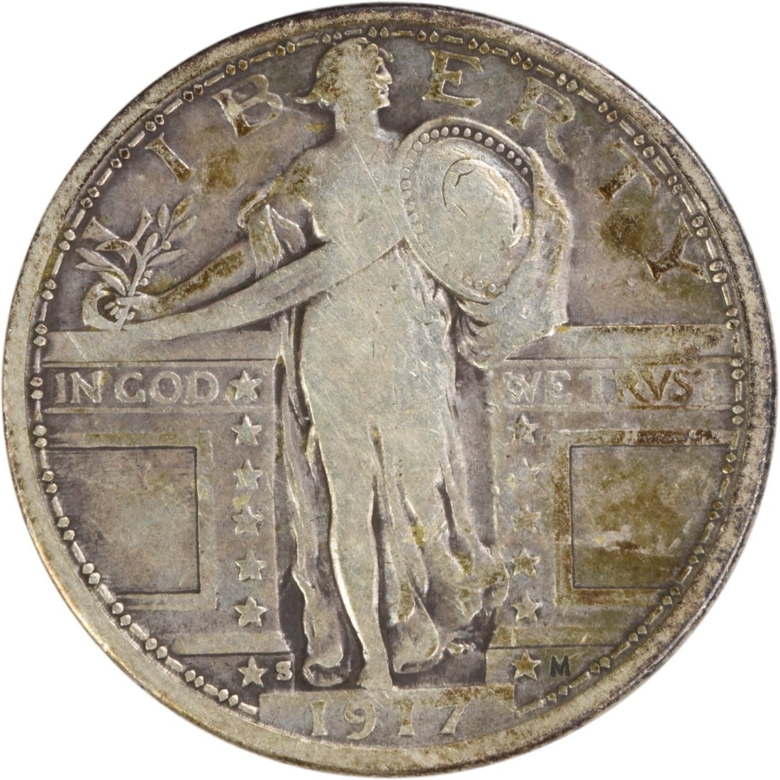 Standing Liberty 1917-S Quarter Type 1 Fine Uncertified 90 Percent Silver Coin: Standing Liberty 1917-S Quarter Type 1 Fine Uncertified 90 Percent Silver Coin This 1917-S Standing Liberty Silver Quarter Type 1 is a circulated coin from the United States, minted in San Francisco. 