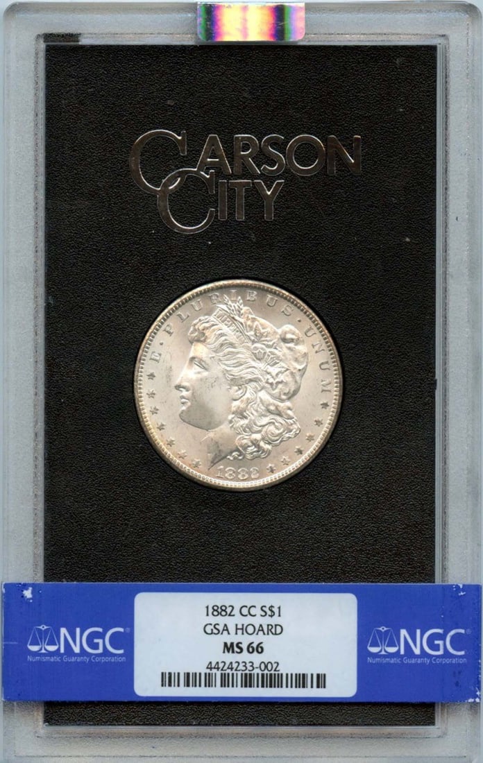 NGC MS66 Carson City 1882 Morgan Silver Dollar from GSA Hoard Rainbow Toned: NGC MS66 Carson City 1882 Morgan Silver Dollar from GSA Hoard Rainbow Toned This is an 1882-CC Morgan Dollar from the GSA Hoard, graded MS66 by NGC. Struck at the Carson City Mint, this uncirculated s