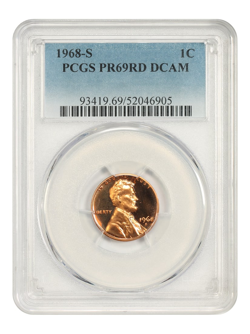 PCGS PR69RD DCAM 1968-S Lincoln Cent Modern 1C: PCGS PR69RD DCAM 1968-S Lincoln Cent Modern 1C 1968-S Lincoln Cent (Modern) in uncirculated condition, certified by PCGS with certification number 52046905. The coin is designated PR69RD DCAM. Specifi