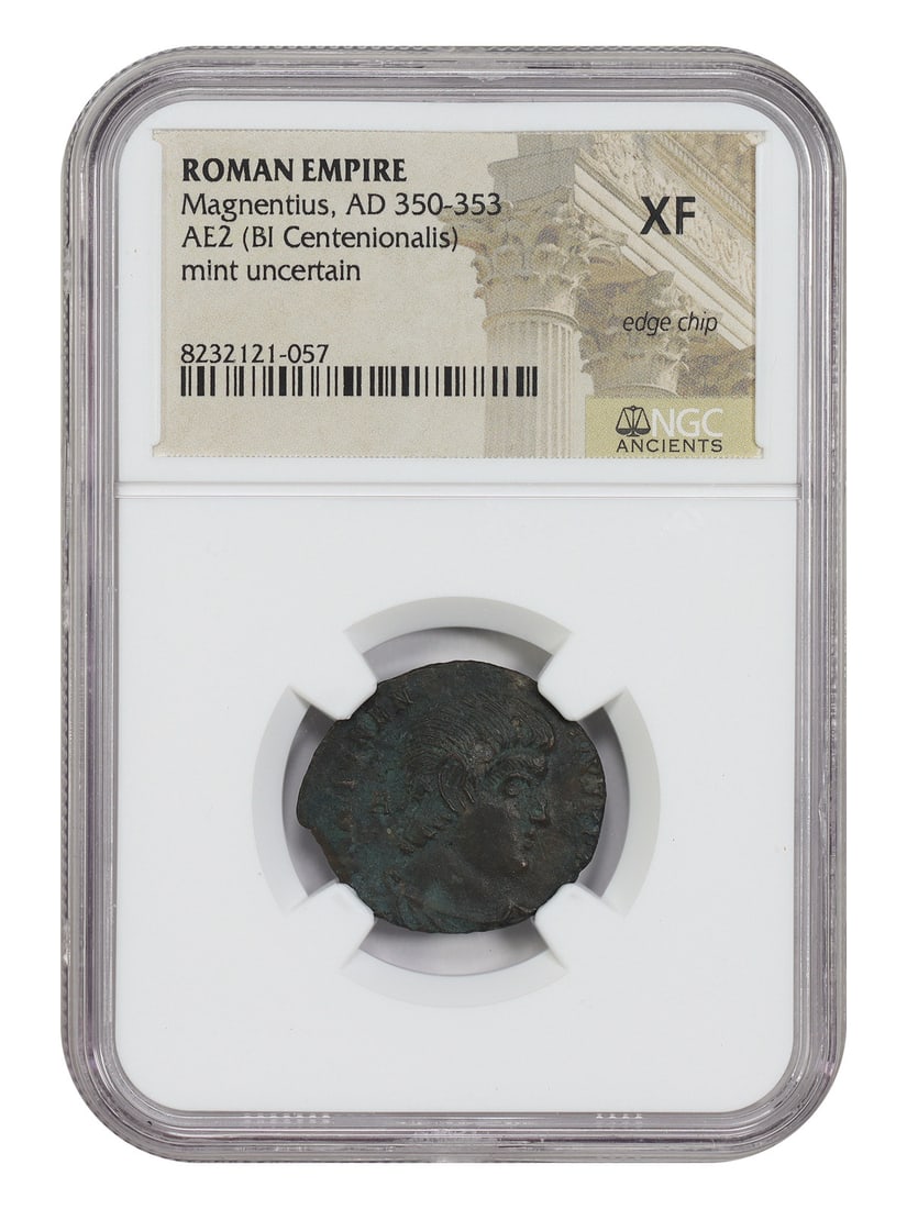 NGC XF Ancient Roman AE2 Centenionalis of Magnetius AD 350-353: NGC XF Ancient Roman AE2 Centenionalis of Magnetius AD 350-353 Ancient Roman AE2 (CI Centenionalis) coin of Magnetius, dated AD 350-353 and certified NGC XF. This pre-owned coin offers a tangible conn