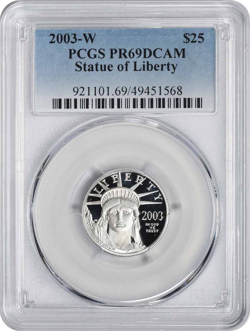2003-W $25 American Platinum Eagle PR69DCAM Statue of Liberty Coin: 2003-W $25 American Platinum Eagle PR69DCAM Statue of Liberty Coin This stunning 2003-W $25 American Platinum Eagle coin is graded PR69DCAM by PCGS, ensuring its exceptional quality. Crafted from 99.9