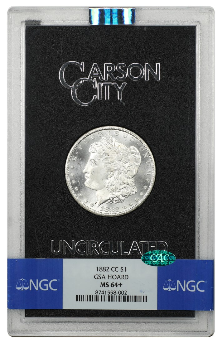 1882 Carson City Morgan Dollar $1 NGC MS64+ CAC GSA Case: 1882 Carson City Morgan Dollar $1 NGC MS64+ CAC GSA Case An 1882-CC Morgan Dollar $1 certified by NGC and endorsed by CAC, with an MS64+ Plus Grade. This CC-Mint GSA example is housed in the original 