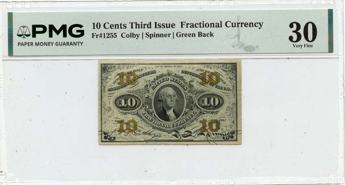 PMG VF30 Third Issue 10 Cent Fractional Note Green Reverse United States: PMG VF30 Third Issue 10 Cent Fractional Note Green Reverse United States This is a Third Issue 10 cents fractional currency note from the United States. The note is PMG certified with a grade of VF30 