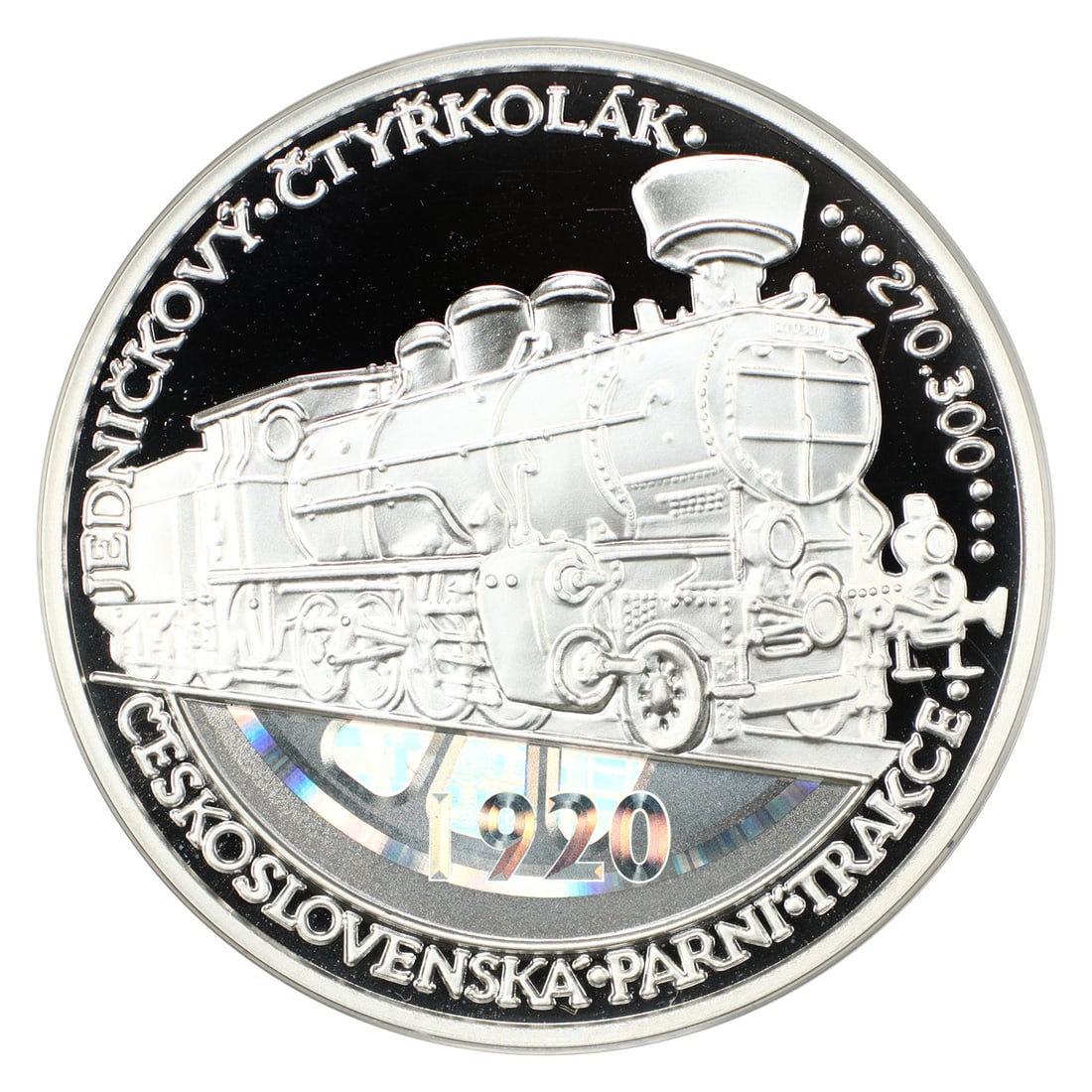 2025 Czech Republic 1 oz Silver Train Medal with Hologram OGP: 2025 Czech Republic 1 oz Silver Train Medal with Hologram OGP A one-ounce silver medal commemorating the 200-year anniversary of George Stephenson's Locomotion No. 1 pulling the first steam-powered pa