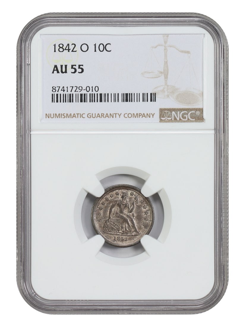 NGC AU55 1842-O Seated Dime New Orleans: NGC AU55 1842-O Seated Dime New Orleans This 1842-O Liberty Seated Dime is graded AU55 by NGC and originates from the New Orleans mint. It is a circulated coin and represents a desirable example withi