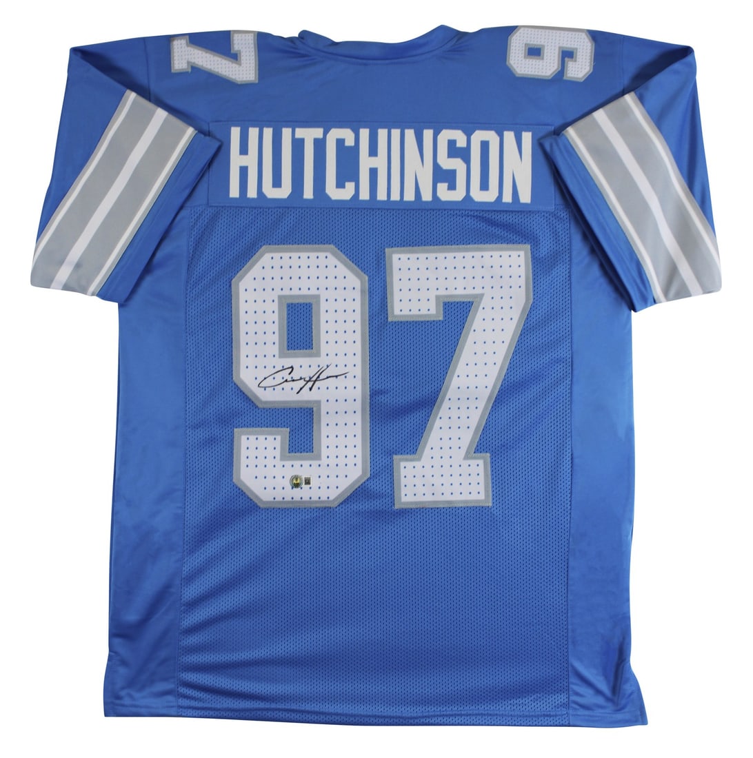Aidan Hutchinson Signed Detroit Lions Blue Jersey BAS Witnessed: Aidan Hutchinson Signed Detroit Lions Blue Jersey BAS Witnessed Celebrate your fandom with this authentic Aidan Hutchinson signed blue pro style jersey from the Detroit Lions. Personally signed by Hut