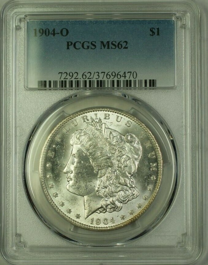 PCGS MS62 1904-O Morgan Dollar Silver $1 Coin: PCGS MS62 1904-O Morgan Dollar Silver $1 Coin This is a 1904-O Morgan Silver Dollar coin, minted in New Orleans and certified by PCGS with a grade of MS-62. The coin is composed of silver with a finen