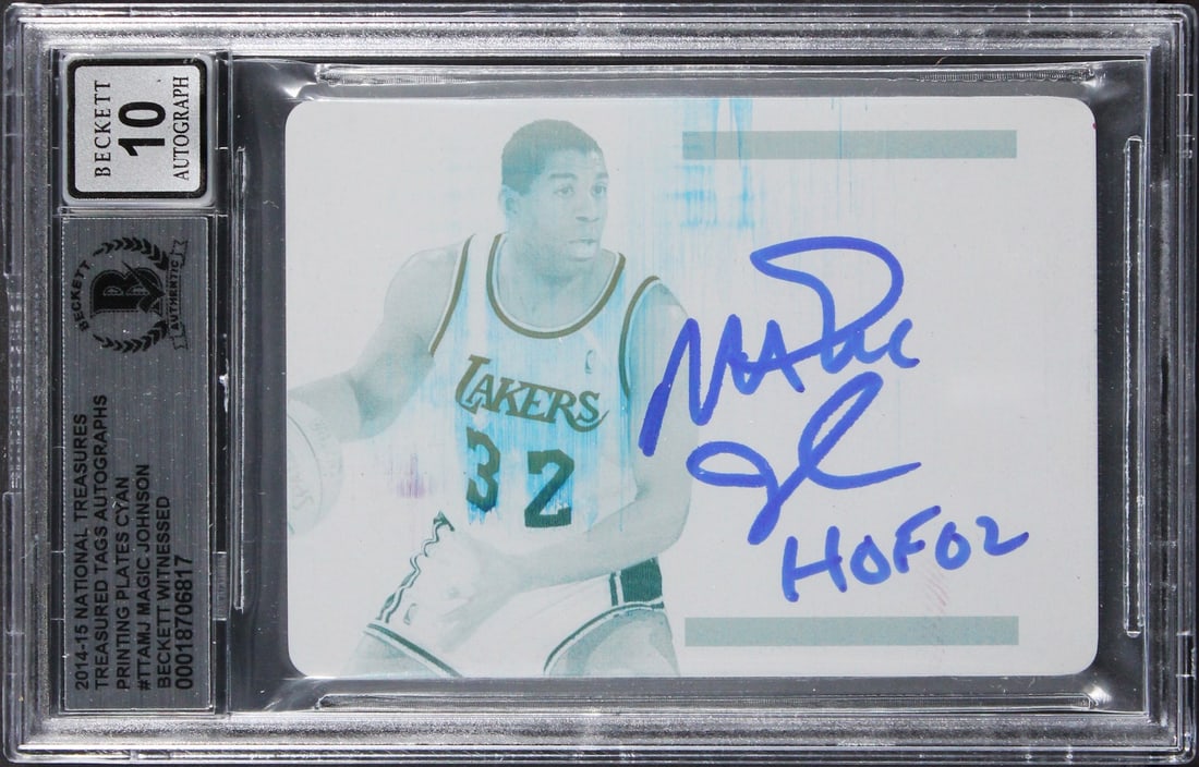 Magic Johnson HOF 02 Signed 2014 National Treasures Cyan Plate Card BAS Auto 10: Magic Johnson HOF 02 Signed 2014 National Treasures Cyan Plate Card BAS Auto 10 This is an original 2014 National Treasures Treasured Tags Autographs Printing Plates Cyan #TTAMJ trading card, personal