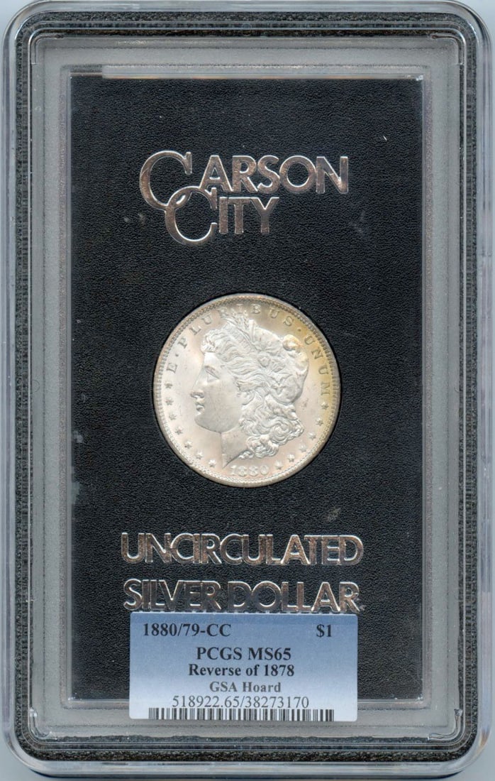 PCGS MS65 GSA 1880/79-CC Morgan Dollar VAM-4 Reverse of 78: PCGS MS65 GSA 1880/79-CC Morgan Dollar VAM-4 Reverse of 78 This 1880/79-CC TOP-100 Morgan Dollar VAM-4 features the Reverse of 1878 and is housed in a GSA holder. Graded MS65 by PCGS, this uncirculate