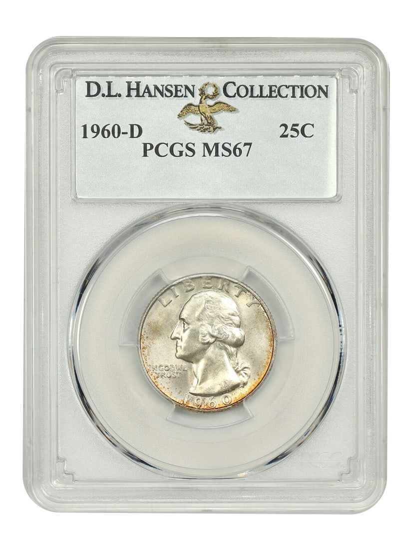 PCGS MS67 1960-D Washington Quarter 25C: PCGS MS67 1960-D Washington Quarter 25C 1960-D Washington Quarter graded PCGS MS67. This uncirculated 25C coin is certified by PCGS and carries certification number 84977093. It is primarily white wit