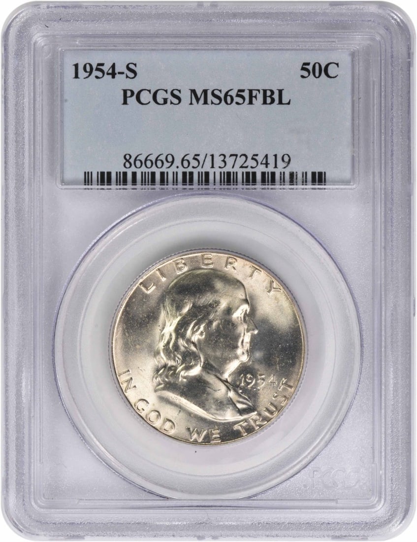 MS65 FBL 1954 San Francisco Franklin Silver Half Dollar PCGS Certified: MS65 FBL 1954 San Francisco Franklin Silver Half Dollar PCGS Certified This is a 1954-S Franklin Half Dollar composed of silver, graded MS65FBL by PCGS. The coin is uncirculated and features the Frank