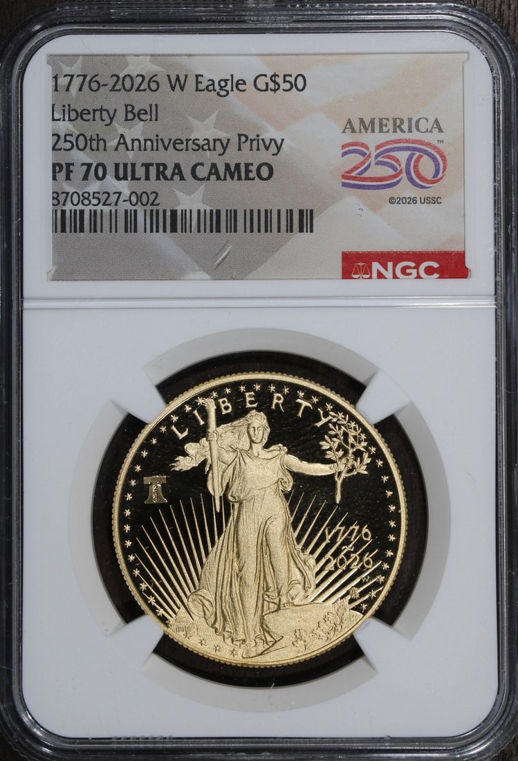 2026 Proof $50 American Gold Eagle 1 oz NGC PF70 Bell Privy: 2026 Proof $50 American Gold Eagle 1 oz NGC PF70 Bell Privy This 2026 American Gold Eagle is a 1 oz proof gold coin graded PR 70 by NGC. It is identified with the America 250 Bell Privy and is listed 