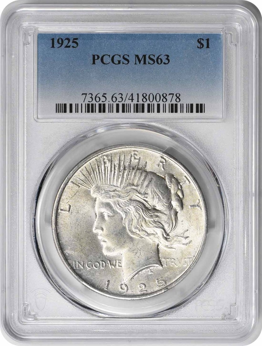 1925 Peace Silver Dollar MS63 PCGS Uncirculated Coin by Anthony de Francisci: 1925 Peace Silver Dollar MS63 PCGS Uncirculated Coin by Anthony de Francisci This 1925 Peace Silver Dollar is a stunning collectible coin, certified by PCGS with a grade of MS63. It features a beautif