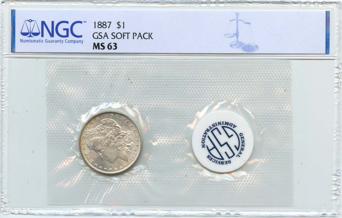 NGC MS63 1887 GSA Soft Pack Morgan Silver Dollar Coin: NGC MS63 1887 GSA Soft Pack Morgan Silver Dollar Coin This 1887 Morgan Dollar is graded MS63 by NGC and comes in a GSA soft pack. Struck at the Philadelphia Mint, this uncirculated coin is a classic e